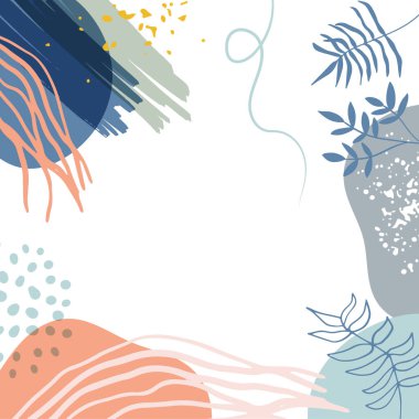 Akan sıvı şekilleri, çiçekleri, fırçaları, yaprakları, el yapımı dokuları ve kabarcıkları olan son moda minimalist organik arka plan. Bronz, çıplak, şampanya, bej, pastel, pembe, kahverengi, toprak rengi.