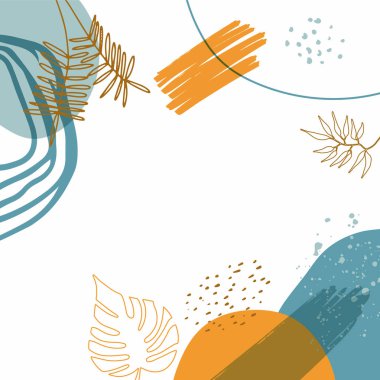 Akan sıvı şekilleri, çiçekleri, fırçaları, yaprakları, el yapımı dokuları ve kabarcıkları olan son moda minimalist organik arka plan. Bronz, çıplak, şampanya, bej, pastel, pembe, kahverengi, toprak rengi.