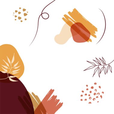 Akan sıvı şekilleri, çiçekleri, fırçaları, yaprakları, el yapımı dokuları ve kabarcıkları olan son moda minimalist organik arka plan. Bronz, çıplak, şampanya, bej, pastel, pembe, kahverengi, toprak rengi.