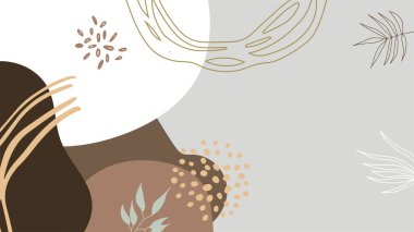 Akan sıvı şekilleri, çiçekleri, fırçaları, yaprakları, el yapımı dokuları ve kabarcıkları olan son moda minimalist organik arka plan. Bronz, çıplak, şampanya, bej, pastel, pembe, kahverengi, toprak rengi.