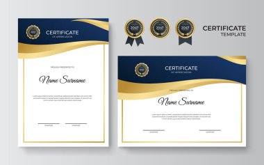 Modern mavi ve altın sertifika şablonu. Ödül, iş ve eğitim rozetleriyle diploma belgesi sınır şablonu belirlendi