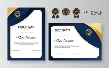 Modern mavi ve altın sertifika şablonu. Ödül, iş ve eğitim rozetleriyle diploma belgesi sınır şablonu belirlendi