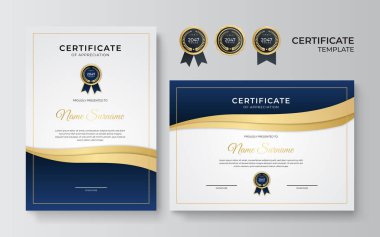 Modern mavi ve altın sertifika şablonu. Ödül, iş ve eğitim rozetleriyle diploma belgesi sınır şablonu belirlendi
