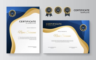 Modern mavi ve altın sertifika şablonu. Ödül, iş ve eğitim rozetleriyle diploma belgesi sınır şablonu belirlendi