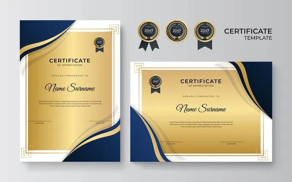 Modern Blue Gold Certificate Template Diploma Certificate Border Template Set — Stock Vector