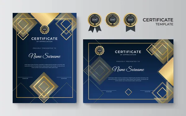 Modelo Certificado Moderno Azul Dourado Modelo Fronteira Certificado Diploma Definido —  Vetores de Stock