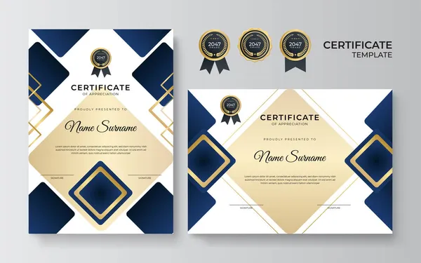 Modern Blue Gold Certificate Template Diploma Certificate Border Template Set — Stock Vector