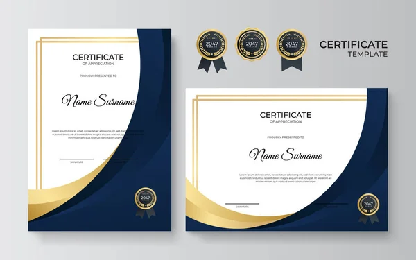 Modelo Certificado Moderno Azul Dourado Modelo Fronteira Certificado Diploma Definido — Vetor de Stock