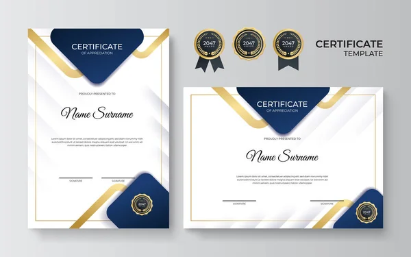Сучасний Шаблон Синьо Золотого Сертифіката Шаблон Кордону Сертифіката Диплома Значками — стоковий вектор