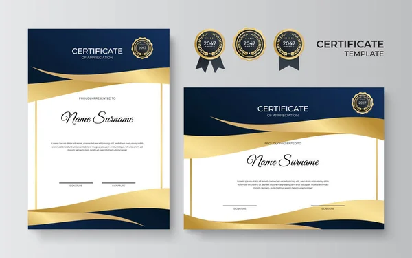 Nowoczesny Niebieski Złoty Wzór Certyfikatu Świadectwo Dyplomowe Wzór Granicy Zestaw — Wektor stockowy