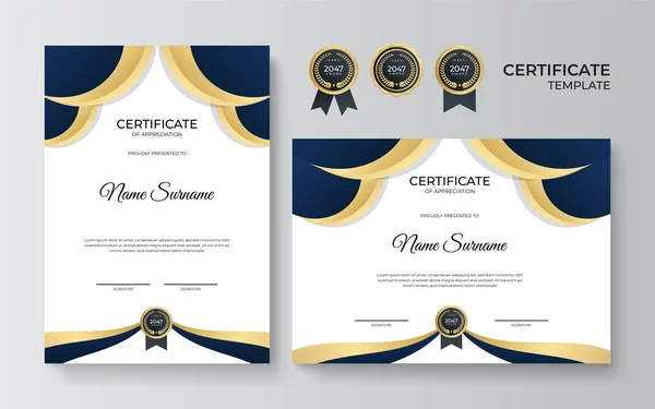 Moderní Modrý Zlatý Certifikát Šablony Šablona Hranice Certifikátu Diplomů Odznaky — Stockový vektor
