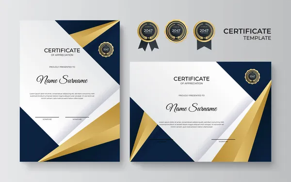 Modern Blue Gold Certificate Template Diploma Certificate Border Template Set — Stock Vector