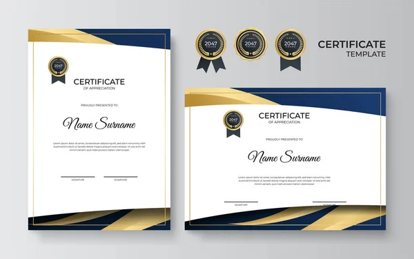Modern Kék Arany Tanúsítvány Sablon Diploma Bizonyítvány Határ Sablonja Kitüntetésekkel — Stock Vector
