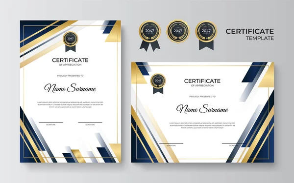 Moderne Blaue Und Goldene Zertifikatsvorlage Diplom Grenzschablone Set Mit Abzeichen — Stockvektor