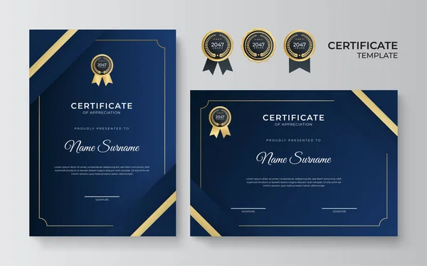 Modelo Certificado Moderno Azul Dourado Modelo Fronteira Certificado Diploma Definido —  Vetores de Stock