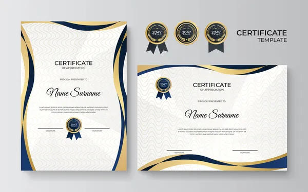 Modèle Moderne Certificat Bleu Modèle Frontière Certificat Diplôme Avec Badges — Image vectorielle