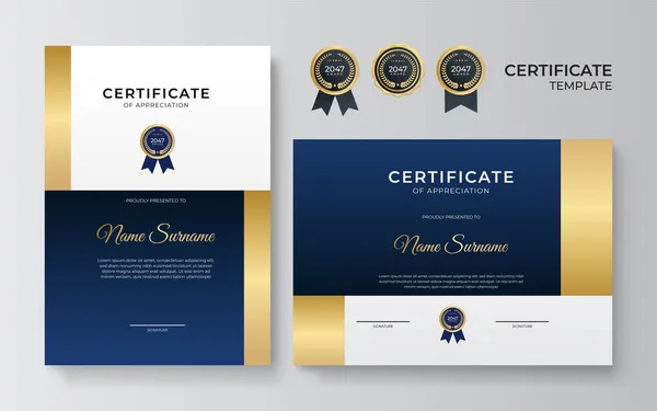 Moderne Blaue Und Goldene Zertifikatsvorlage Diplom Grenzschablone Set Mit Abzeichen — Stockvektor