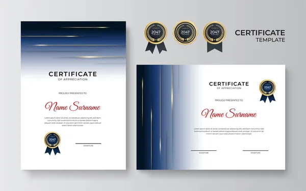 现代简朴奢华典雅的蓝色证书模板与黄金元素 文凭证书边界模板 附有奖状 商业和教育徽章 — 图库矢量图片
