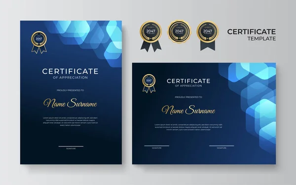 Moderne Eenvoudige Luxe Elegante Blauwe Certificaat Sjabloon Met Gouden Elementen — Stockvector