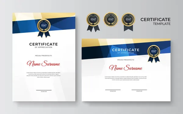 Modèle Moderne Certificat Bleu Modèle Frontière Certificat Diplôme Avec Badges — Image vectorielle