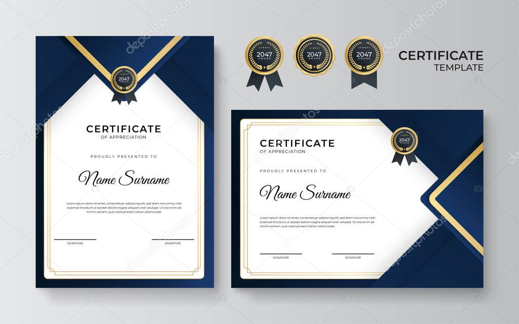 Modern blue and gold certificate template. Diploma certificate border template set with badges for award, business, and education