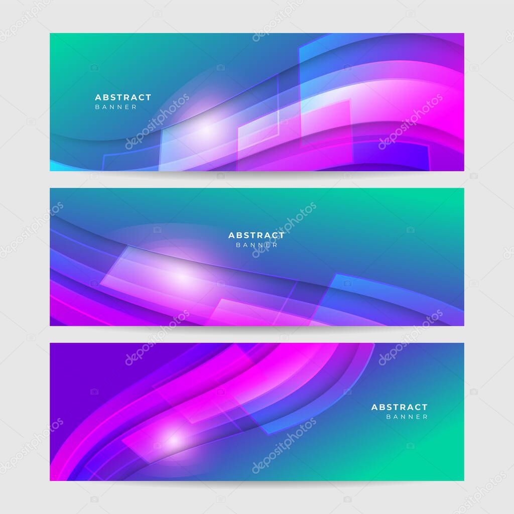 Colorful vibrant web banner background template with abstract shapes. Collection of horizontal promotion banners with gradient colors and abstract geometric backdrop. Header web design.
