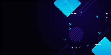 Modern koyu lacivert soyut arka plan Memphis tarzı ve geometrik soyut şekillere sahip. Vektör soyut grafik tasarım pankart şablonu.