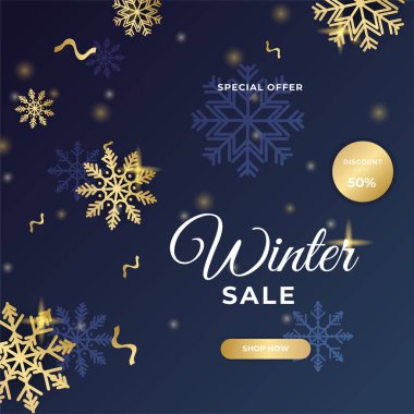 Çerçeveli ve altın madalyalı yeni yıl indirimli mutlu Noeller. Sosyal medya postası, mobil uygulamalar, afiş tasarımı ve İnternet / İnternet reklamları için moda soyut kare Kış Tatili sanat şablonu