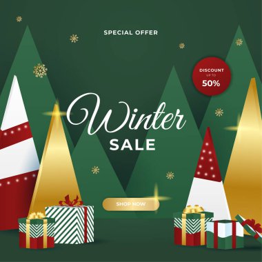 Çerçeveli ve altın madalyalı yeni yıl indirimli mutlu Noeller. Sosyal medya postası, mobil uygulamalar, afiş tasarımı ve İnternet / İnternet reklamları için moda soyut kare Kış Tatili sanat şablonu