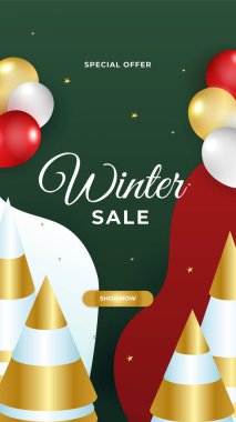 Sosyal medya hikayeleri için modaya uygun yeni yıl şablonu. Soyut arka plan tasarımları, kış indirimi, sosyal medya tanıtım içeriği. Vektör illüstrasyonu.