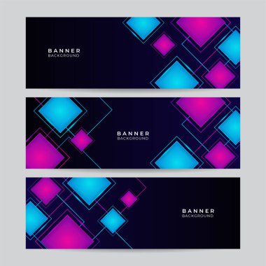 Dinamik mavi ve pembe geometrik kare element şekilli asgari soyut afiş seti. Vektör soyut grafik tasarım pankart şablonu.