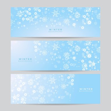 Karlı, mavi bir arka plan. Kar tanesi sınır vektörü resimli Noel kartı.