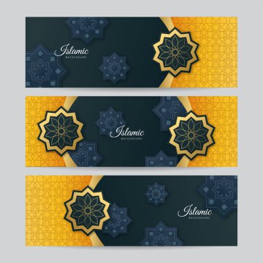 İslami Ramazan Kareem afişi seti. İslami düzen ve soyut lüks İslami unsurlar. Doğu tarzında dekoratif unsurları olan dekoratif bir arka plan. Vektör illüstrasyonu