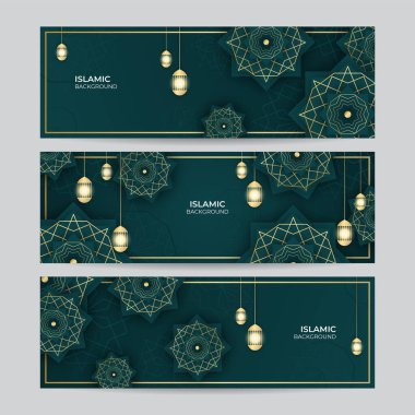 Ramazan Kareem afişi seti. Altın fener ayı ve soyut lüks İslami desenler arka plan