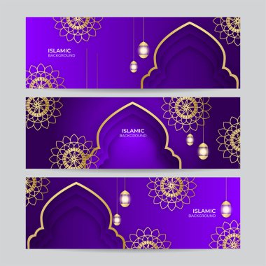 Ramazan Kareem afişi seti. Altın fener ayı ve soyut lüks İslami desenler arka plan
