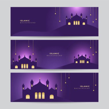 İslami Ramazan Kareem afişi seti. Altın fener, mandala deseni, cami, ay ve soyut lüks İslami unsurlar. Vektör illüstrasyonu