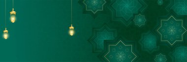 İslami Ramazan Kareem afişi. Altın fener, mandala deseni, cami, ay ve soyut lüks İslami unsurlar arka plan
