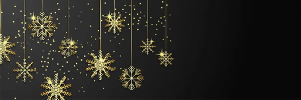 有雪花的黑色金色圣诞横幅 圣诞快乐 新年快乐 横向新年背景 矢量说明 — 图库矢量图片