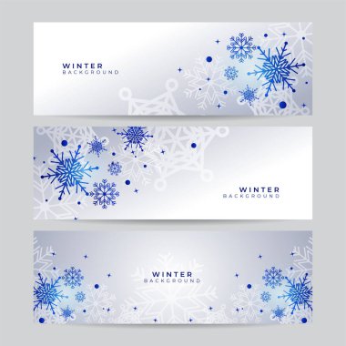 Kar taneli beyaz mavi kış Noel afişi seti. Mutlu Noeller ve mutlu yıllar bayrağı. Yatay yeni yıl geçmişi, başlıklar, posterler, kartlar, web sitesi. Vektör illüstrasyonu