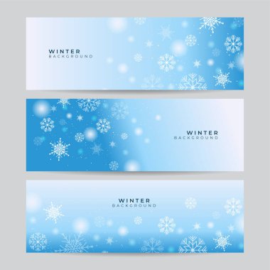 Kar taneli Mavi Noel afişi. Mutlu Noeller ve mutlu yıllar bayrağı. Yatay yeni yıl geçmişi, başlıklar, posterler, kartlar, web sitesi. Vektör illüstrasyonu