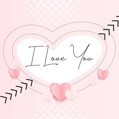 Sevgililer Günü konsept posterleri. Vektör çizimi. Geometrik arkaplanlı 3 boyutlu kırmızı ve pembe kağıt kalpler. Sevimli aşk satışı afişleri ya da tebrik kartları