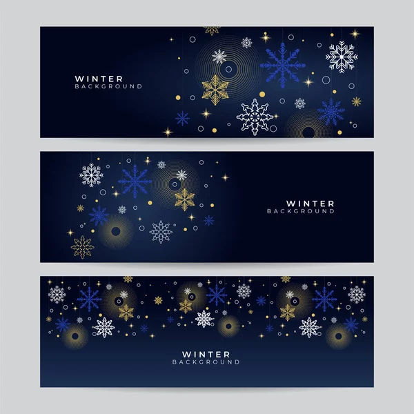 Set Blue Christmas Banner Snowflakes Merry Christmas Happy New Year — Stock Vector