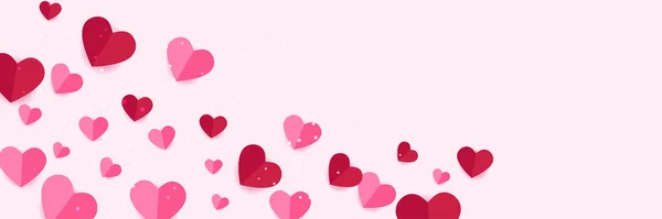 ハッピーバレンタインデーのバナー ピンク 赤の折り紙のハートで作られた大きな心を持つ休日の背景デザイン黒生地の背景にハート 水平ポスター チラシ グリーティングカード ウェブサイトのヘッダー — ストックベクタ