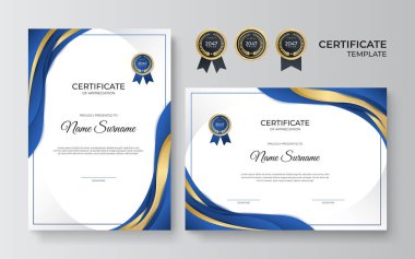 Modern zarif mavi ve altın sertifika şablonu tasarımı. Lüks şablon, diploma ve premium rozet tasarımlı sertifika ödül şablonu. Vektör illüstrasyonu