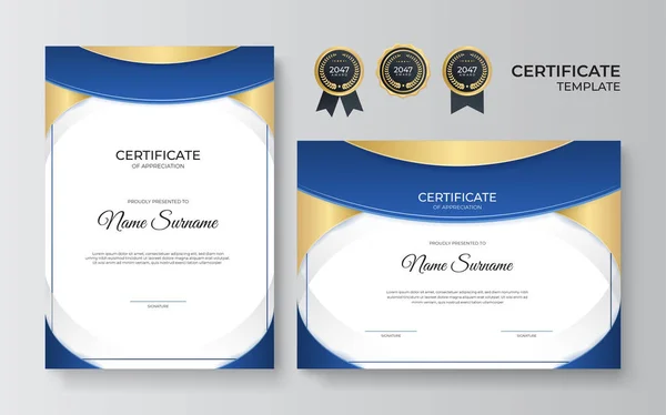 Moderní Elegantní Modrý Zlatý Diplom Certifikát Šablony Designu Šablona Pro — Stockový vektor