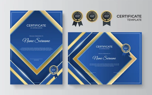 Modern Elegant Blauw Goud Diploma Certificaat Template Ontwerp Certificaat Award — Stockvector