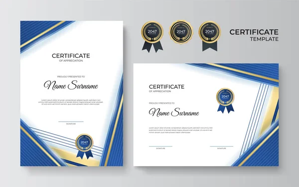 Diseño Moderno Elegante Plantilla Certificado Diploma Azul Oro Plantilla Premio — Vector de stock