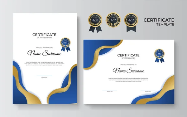 Moderno Elegante Azul Ouro Diploma Modelo Design Certificado Modelo Prêmio — Vetor de Stock