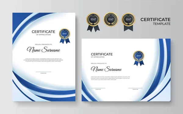 Modern Elegant Blauw Goud Diploma Certificaat Template Ontwerp Certificaat Award — Stockvector