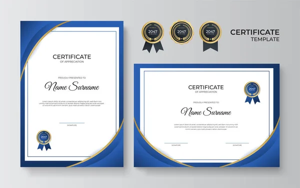 Moderno Elegante Azul Ouro Diploma Modelo Design Certificado Modelo Prêmio — Vetor de Stock